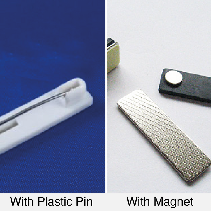 name tag finishing with plastic pin or magnet
