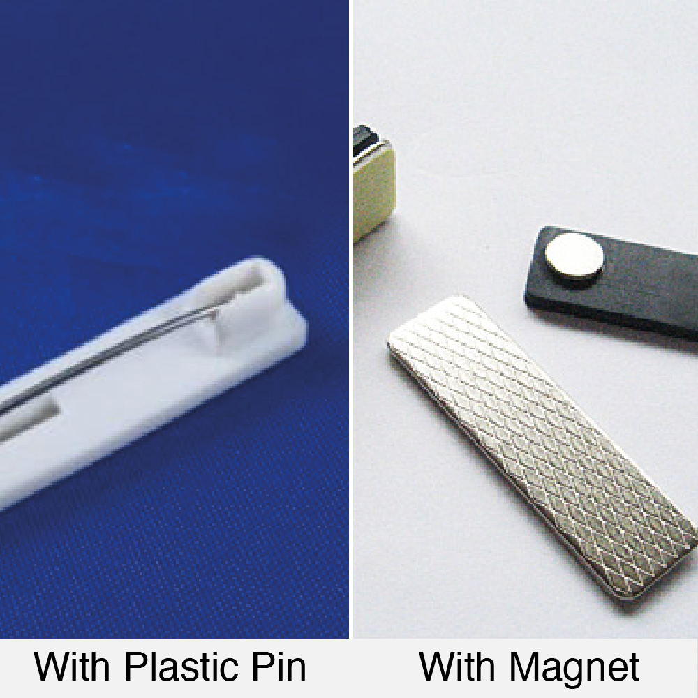 name tag finishing with plastic pin or magnet